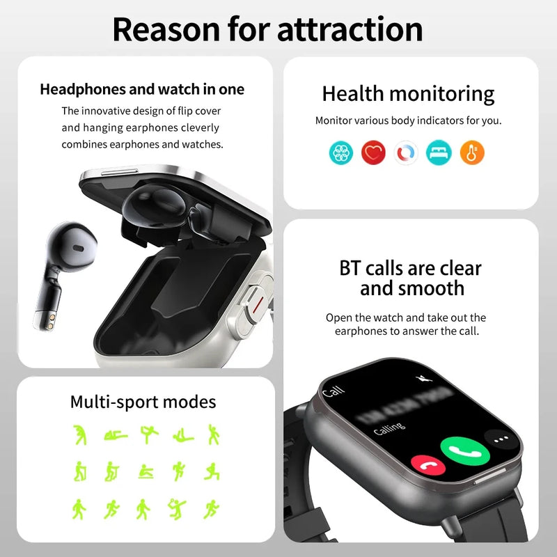 TWS 2 em 1 Smart Sports Watch sem fio Bluetooth Headset Calling Health Monitor Fitness Record Relógios com fone de ouvido